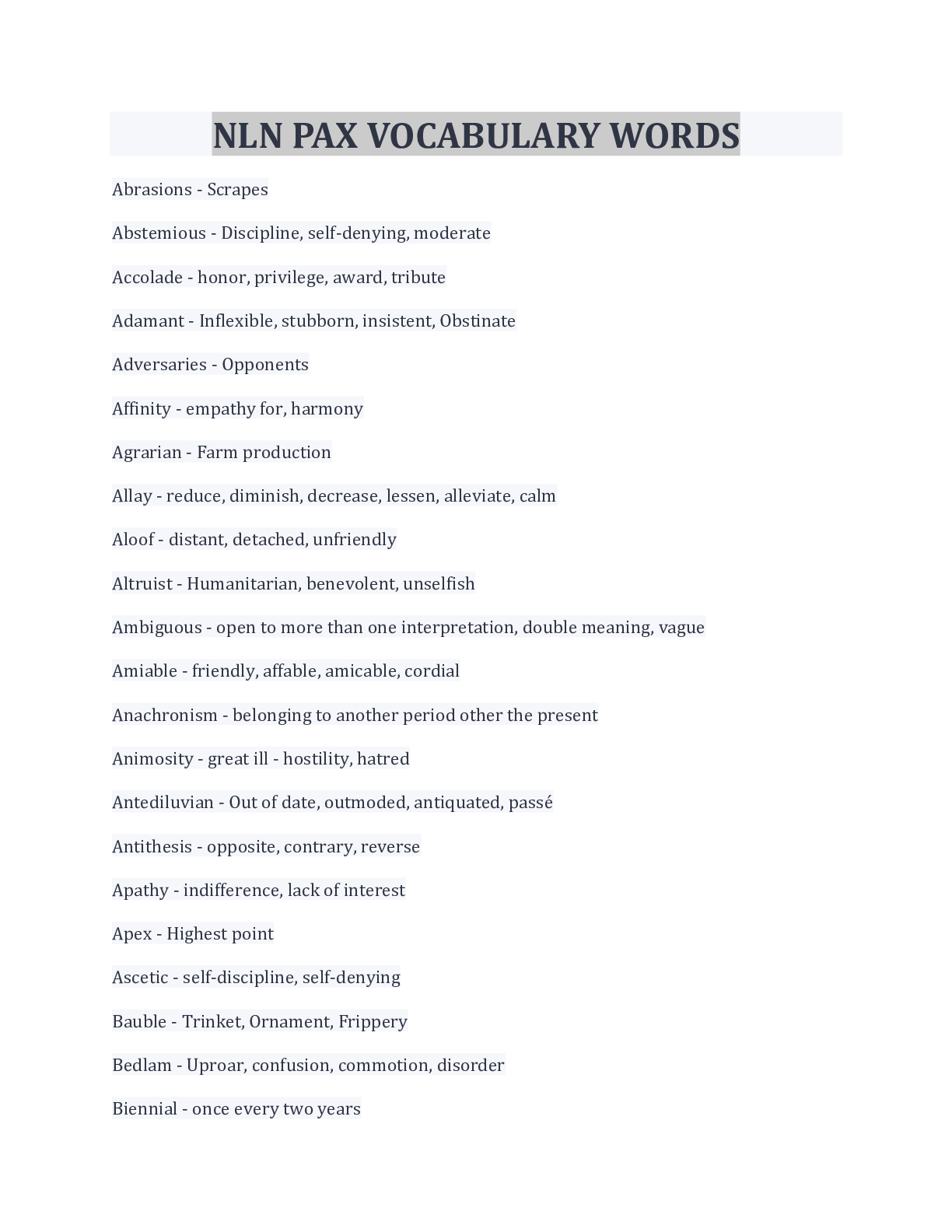 Preview of NLN PAX VOCABULARY WORDS